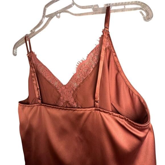 Elegant Lace Trim Satin Blouse - Rust - Picture 8 of 16